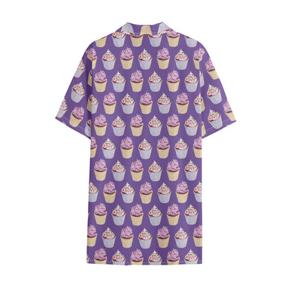 Purple Cupcake Pattern Print Cotton Hawaiian Shirt