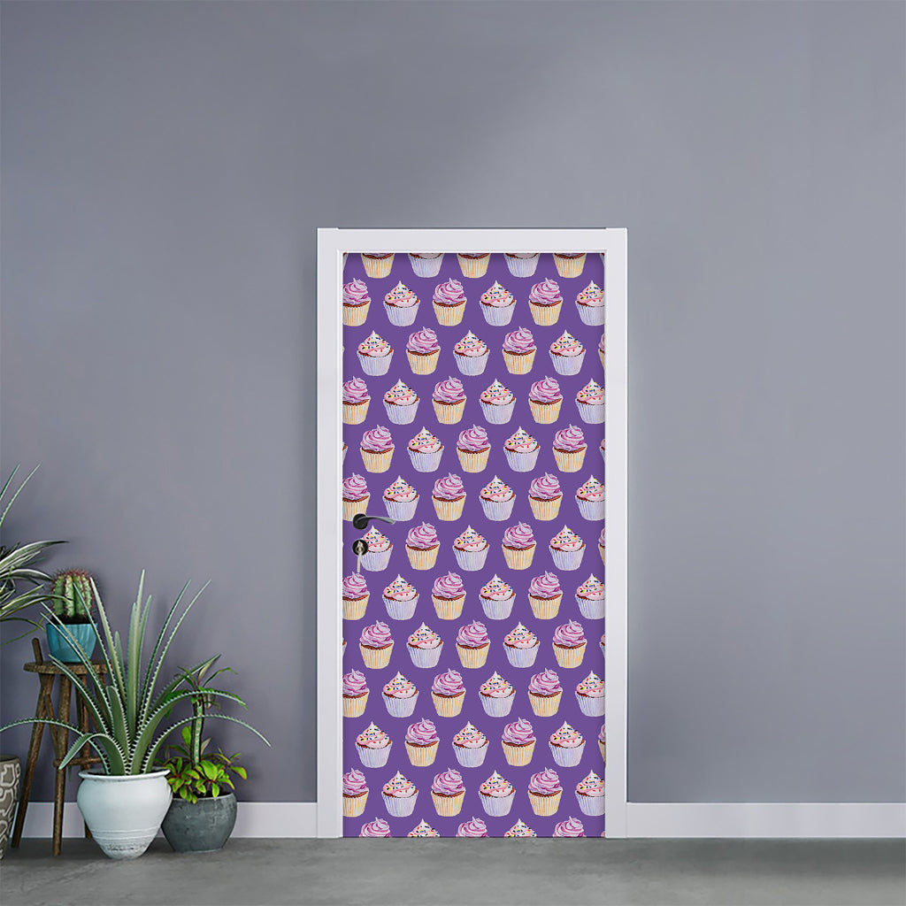 Purple Cupcake Pattern Print Door Sticker