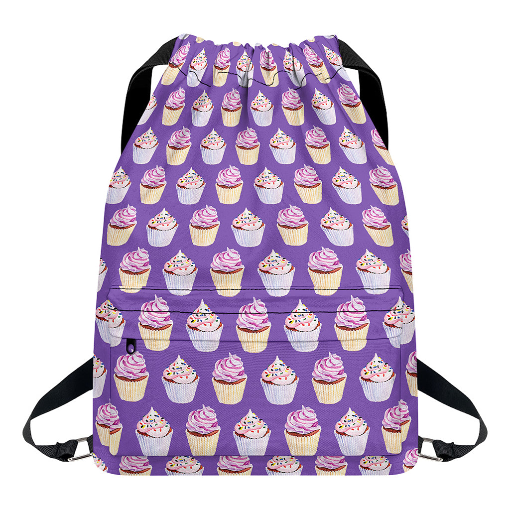 Purple Cupcake Pattern Print Drawstring Backpack
