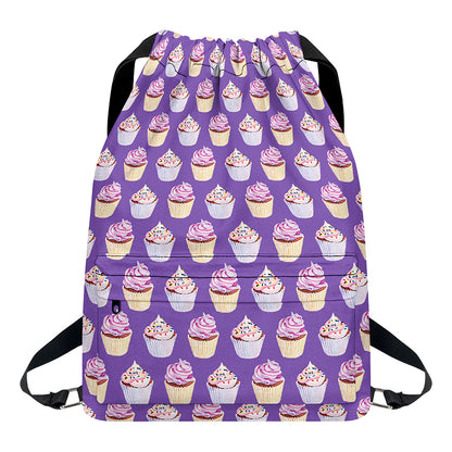 Purple Cupcake Pattern Print Drawstring Backpack