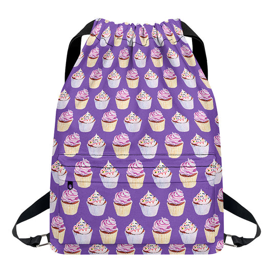 Purple Cupcake Pattern Print Drawstring Backpack