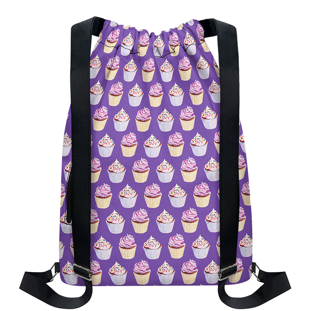 Purple Cupcake Pattern Print Drawstring Backpack