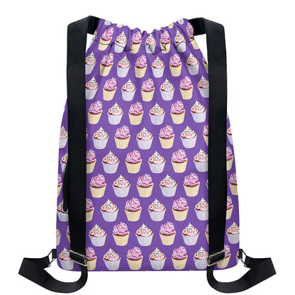 Purple Cupcake Pattern Print Drawstring Backpack