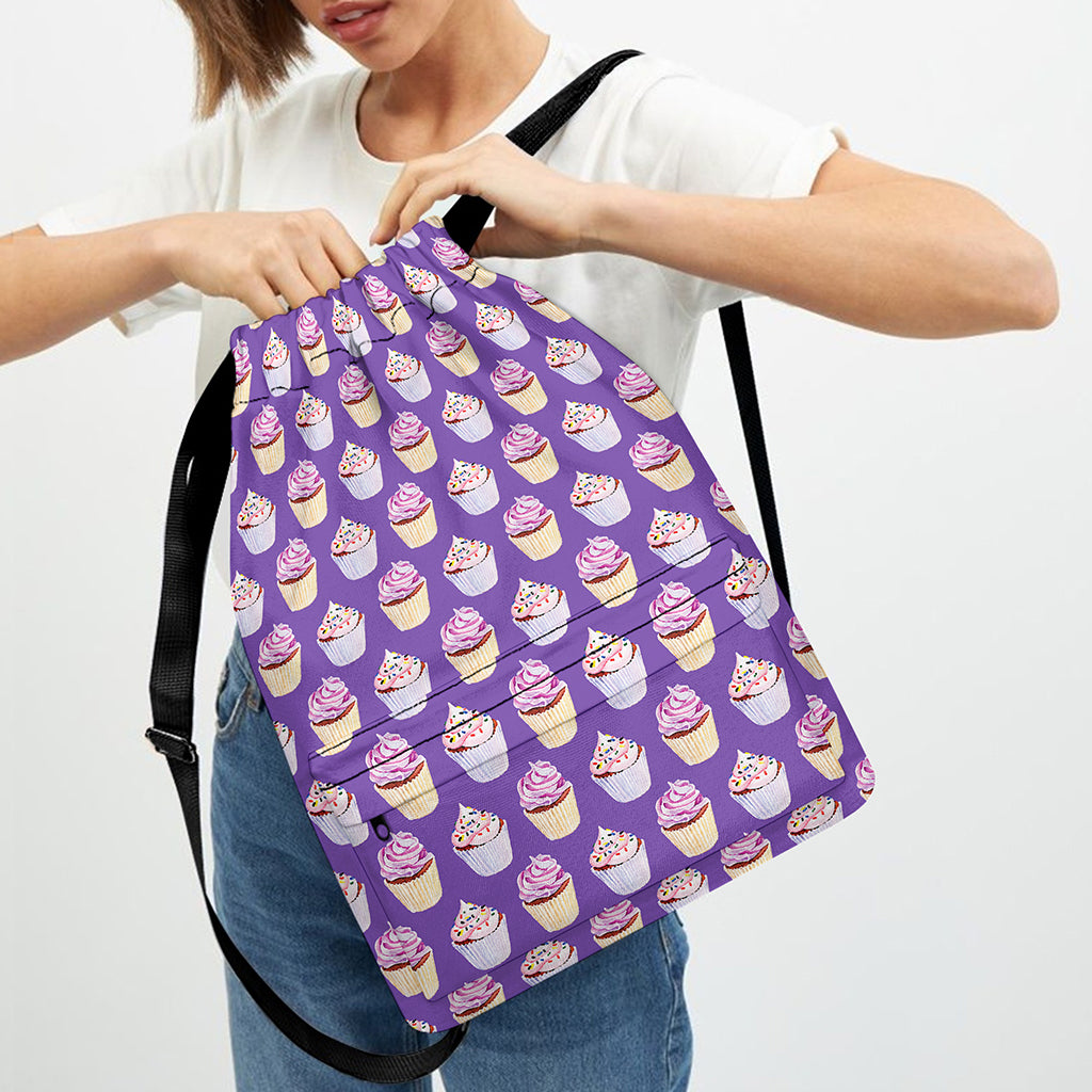 Purple Cupcake Pattern Print Drawstring Backpack
