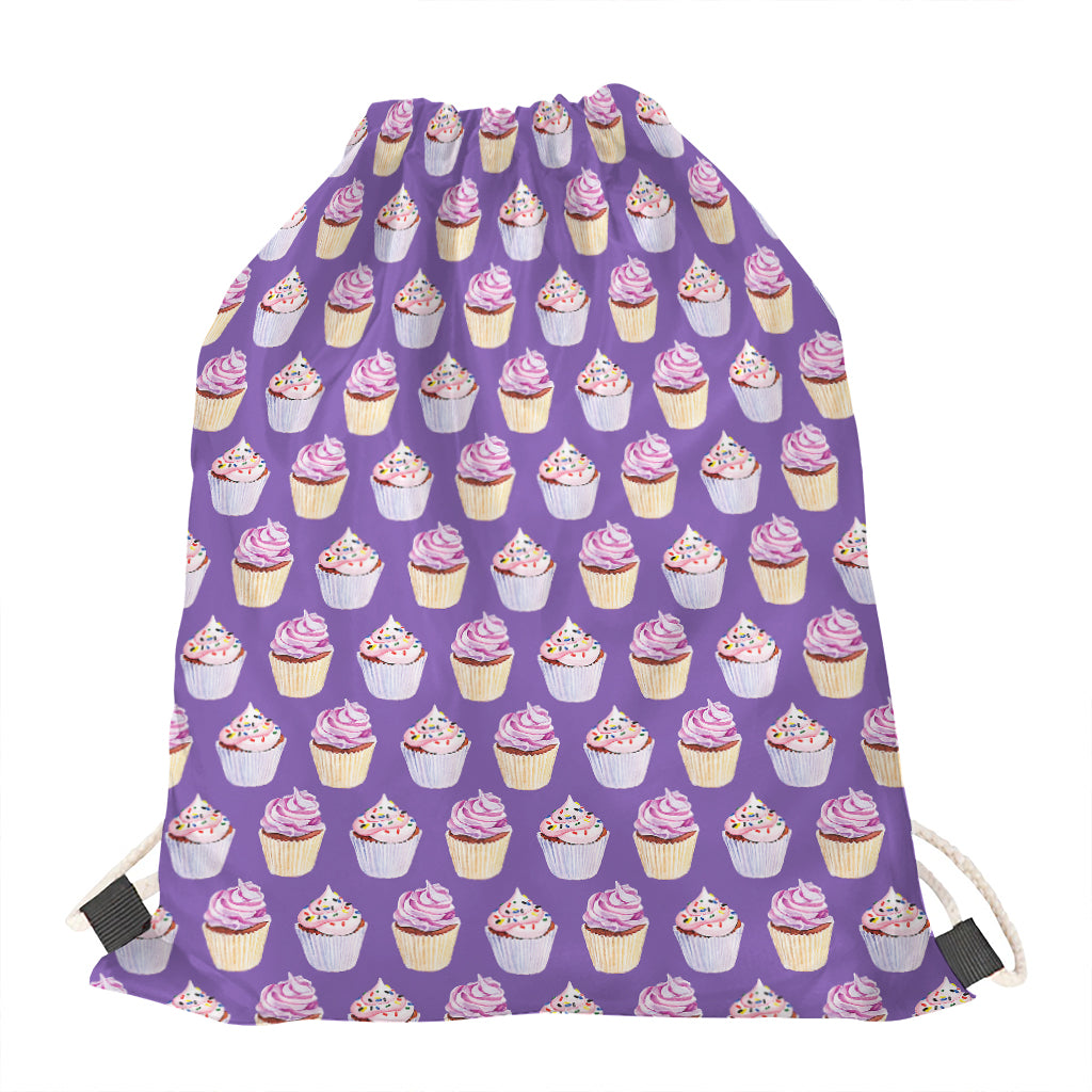 Purple Cupcake Pattern Print Drawstring Bag