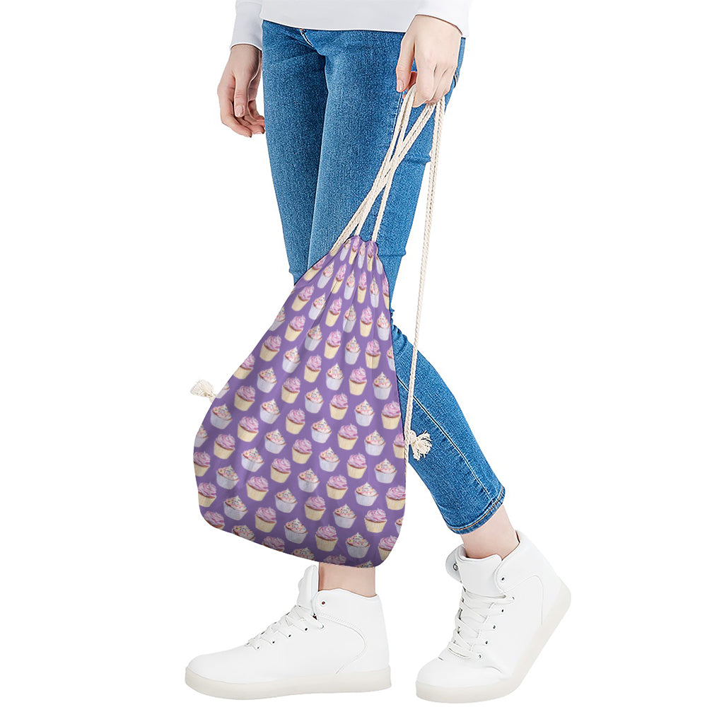 Purple Cupcake Pattern Print Drawstring Bag