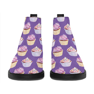 Purple Cupcake Pattern Print Flat Ankle Boots