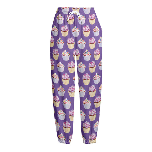 Purple Cupcake Pattern Print Fleece Lined Knit Pants