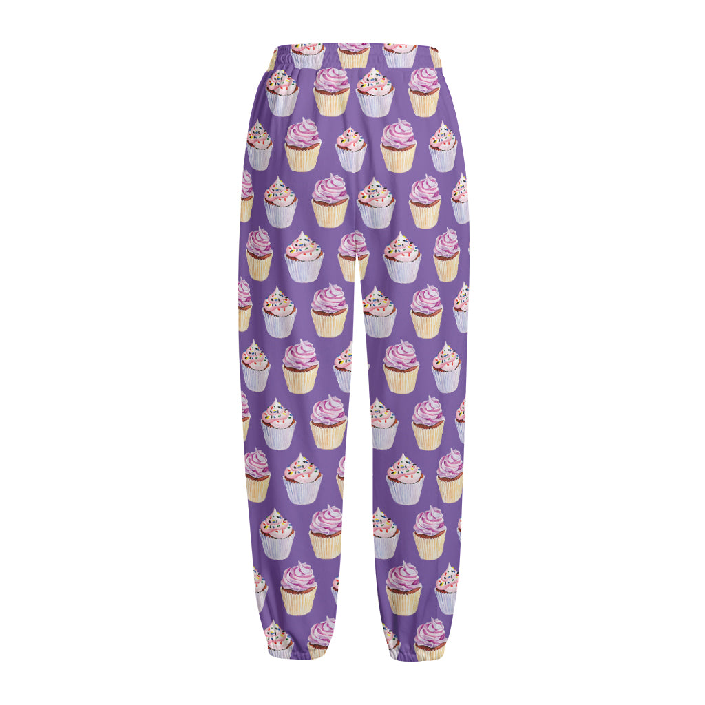 Purple Cupcake Pattern Print Fleece Lined Knit Pants