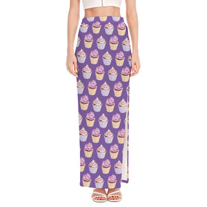 Purple Cupcake Pattern Print High Slit Maxi Skirt