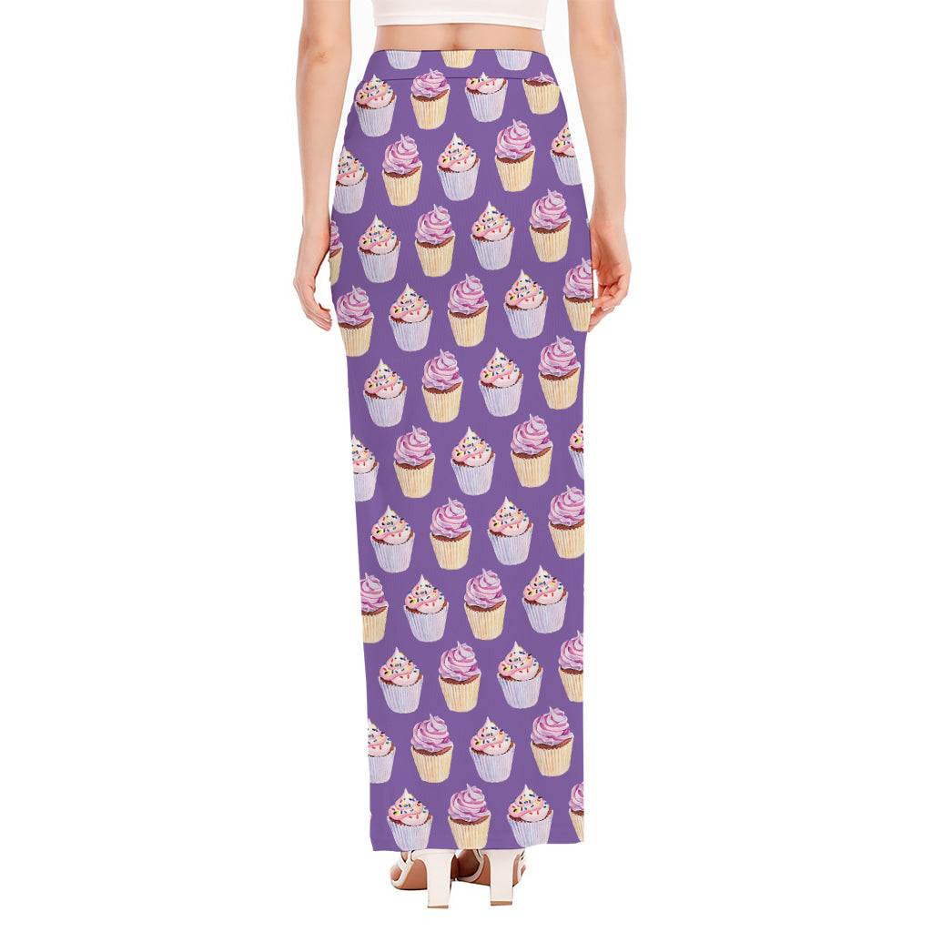 Purple Cupcake Pattern Print High Slit Maxi Skirt