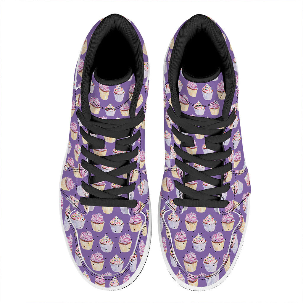 Purple Cupcake Pattern Print High Top Leather Sneakers