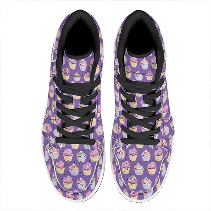 Purple Cupcake Pattern Print High Top Leather Sneakers