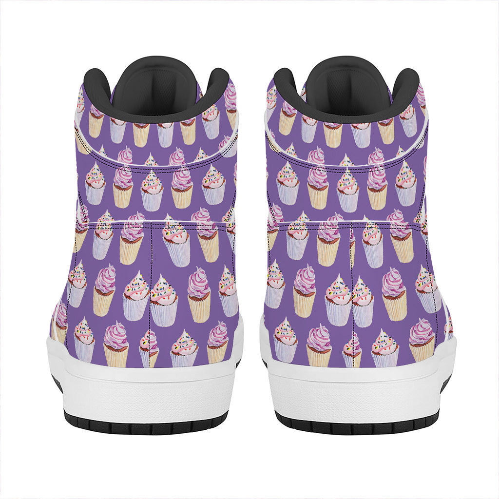 Purple Cupcake Pattern Print High Top Leather Sneakers