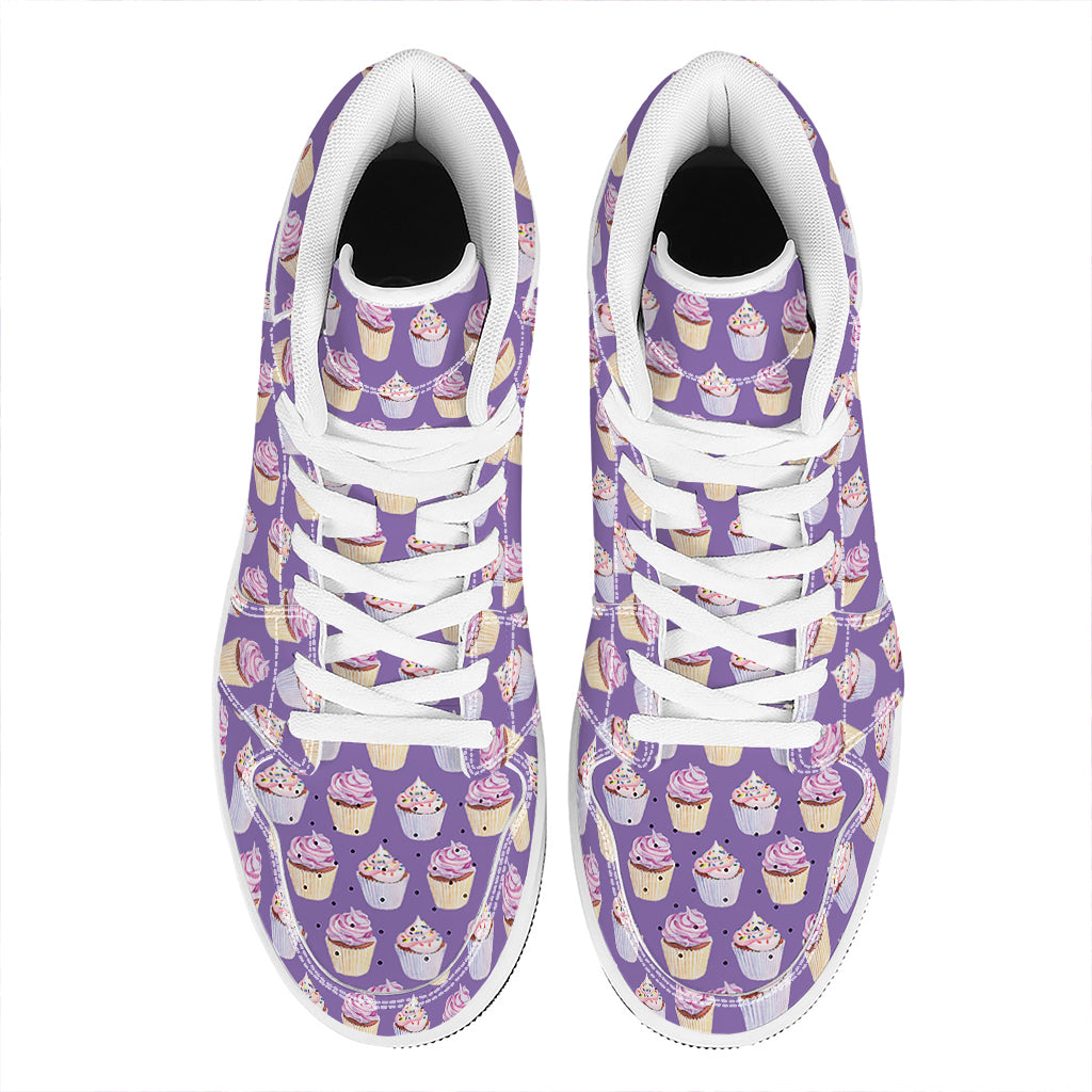 Purple Cupcake Pattern Print High Top Leather Sneakers