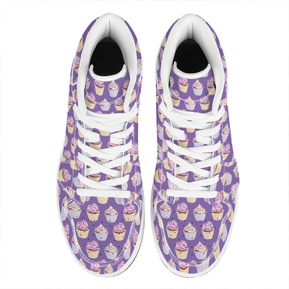 Purple Cupcake Pattern Print High Top Leather Sneakers