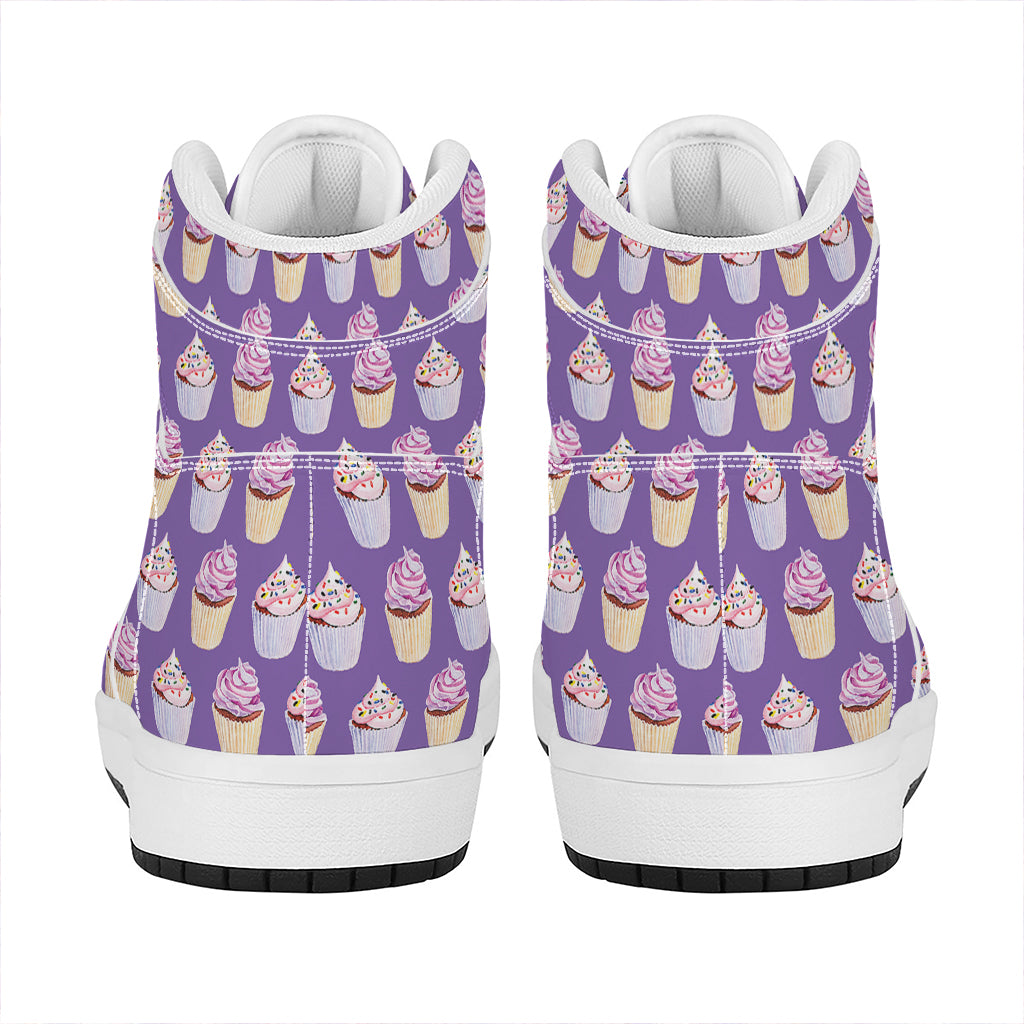 Purple Cupcake Pattern Print High Top Leather Sneakers