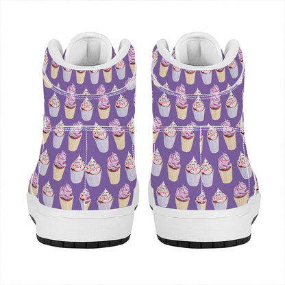 Purple Cupcake Pattern Print High Top Leather Sneakers