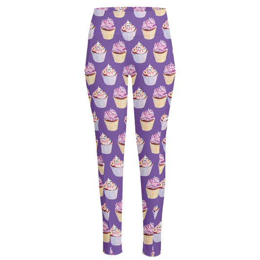 Purple Cupcake Pattern Print High-Waisted Pocket Leggings