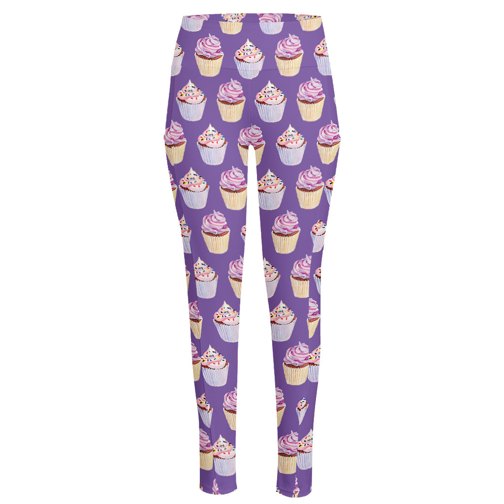 Purple Cupcake Pattern Print High-Waisted Pocket Leggings