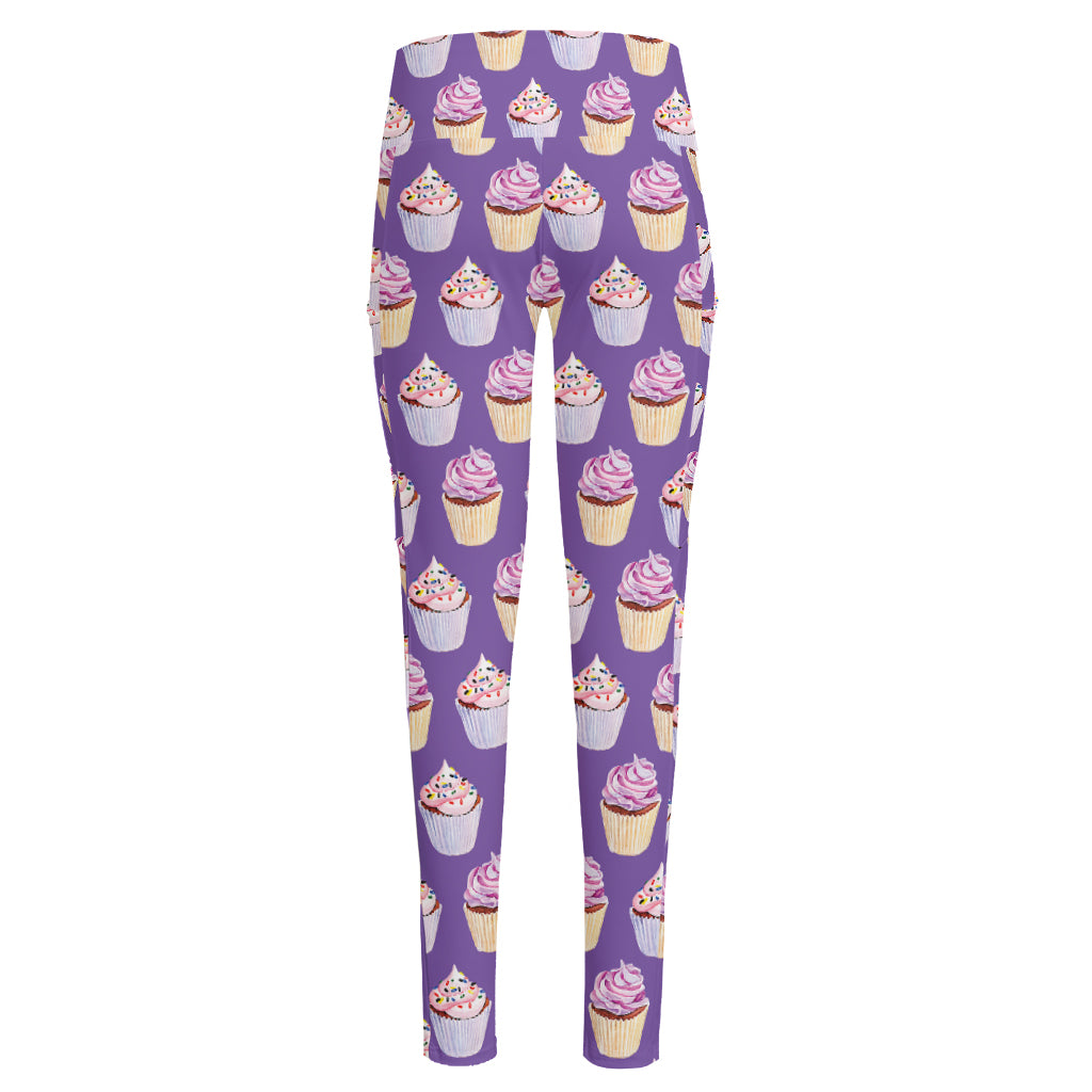 Purple Cupcake Pattern Print High-Waisted Pocket Leggings