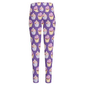 Purple Cupcake Pattern Print High-Waisted Pocket Leggings