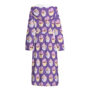 Purple Cupcake Pattern Print Hooded Bathrobe