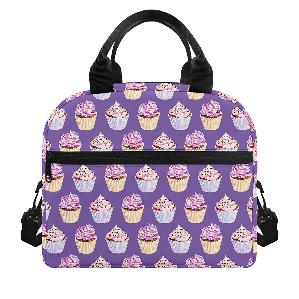 Purple Cupcake Pattern Print Insulated Lunch Bag