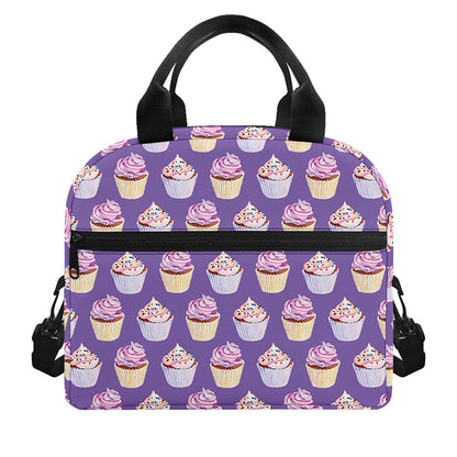 Purple Cupcake Pattern Print Insulated Lunch Bag