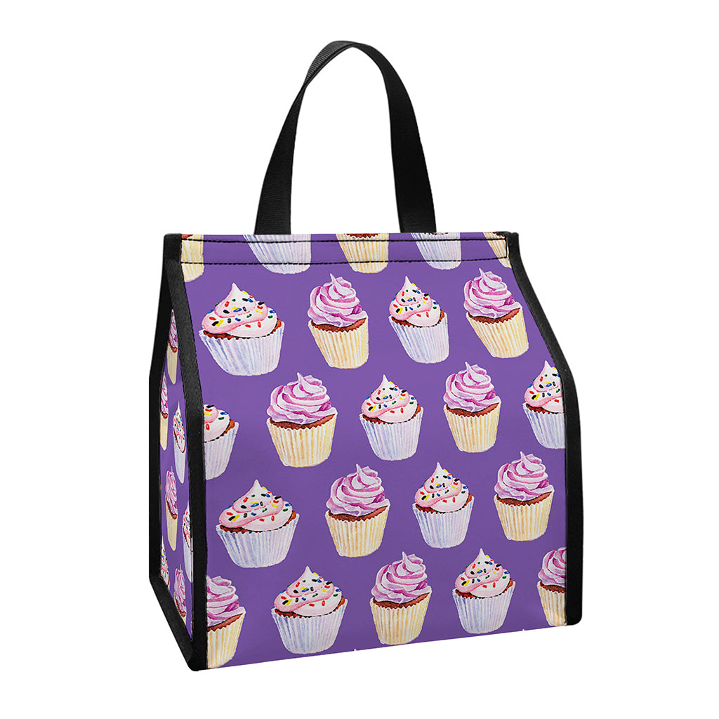 Purple Cupcake Pattern Print Insulated Lunch Tote