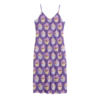 Purple Cupcake Pattern Print Jersey Midi Cami Dress