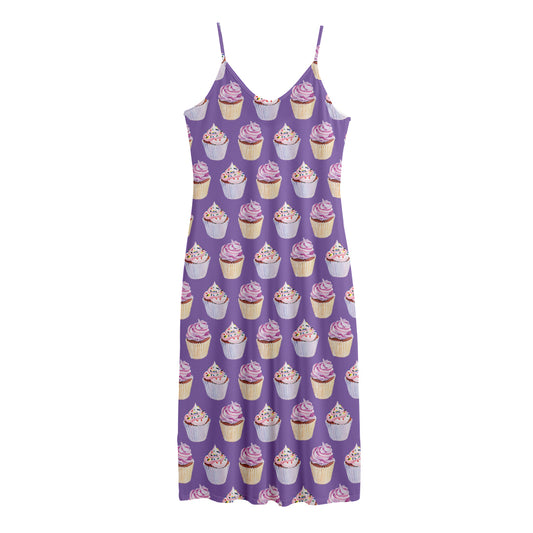 Purple Cupcake Pattern Print Jersey Midi Cami Dress