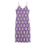 Purple Cupcake Pattern Print Jersey Midi Cami Dress