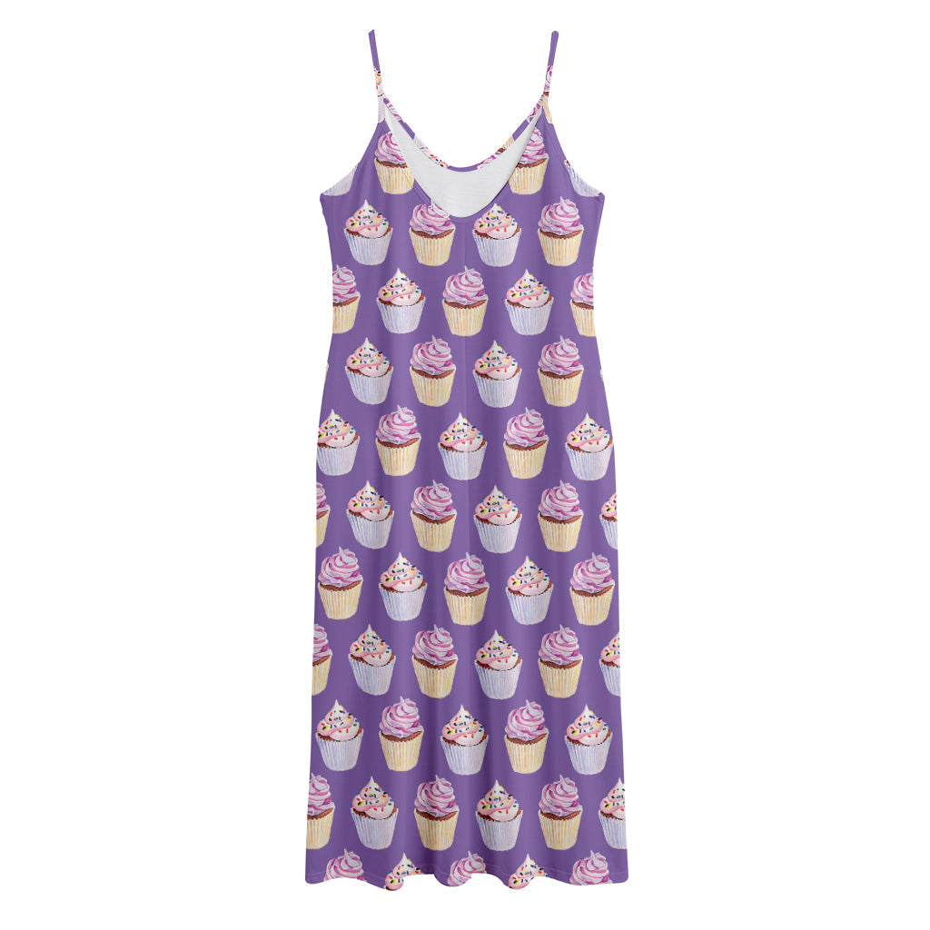 Purple Cupcake Pattern Print Jersey Midi Cami Dress