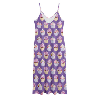 Purple Cupcake Pattern Print Jersey Midi Cami Dress