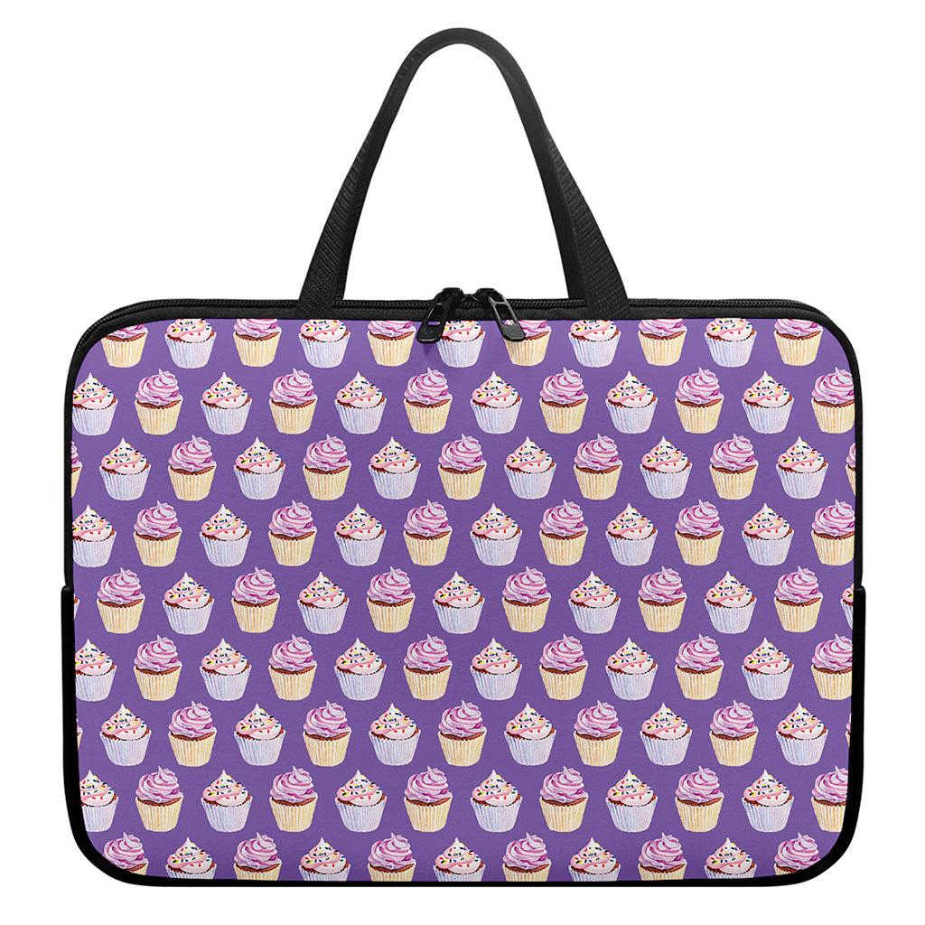 Purple Cupcake Pattern Print Laptop Sleeve With Handle