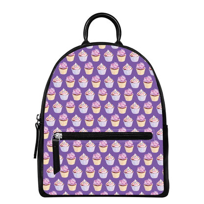 Purple Cupcake Pattern Print Leather Backpack