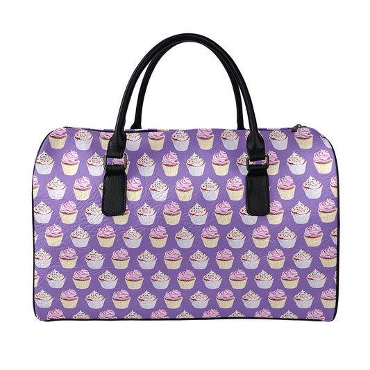 Purple Cupcake Pattern Print Leather Duffle Bag