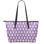 Purple Cupcake Pattern Print Leather Tote Bag