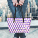 Purple Cupcake Pattern Print Leather Tote Bag