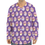 Purple Cupcake Pattern Print Long Sleeve Baseball Jersey