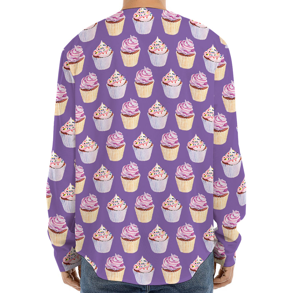 Purple Cupcake Pattern Print Long Sleeve Baseball Jersey