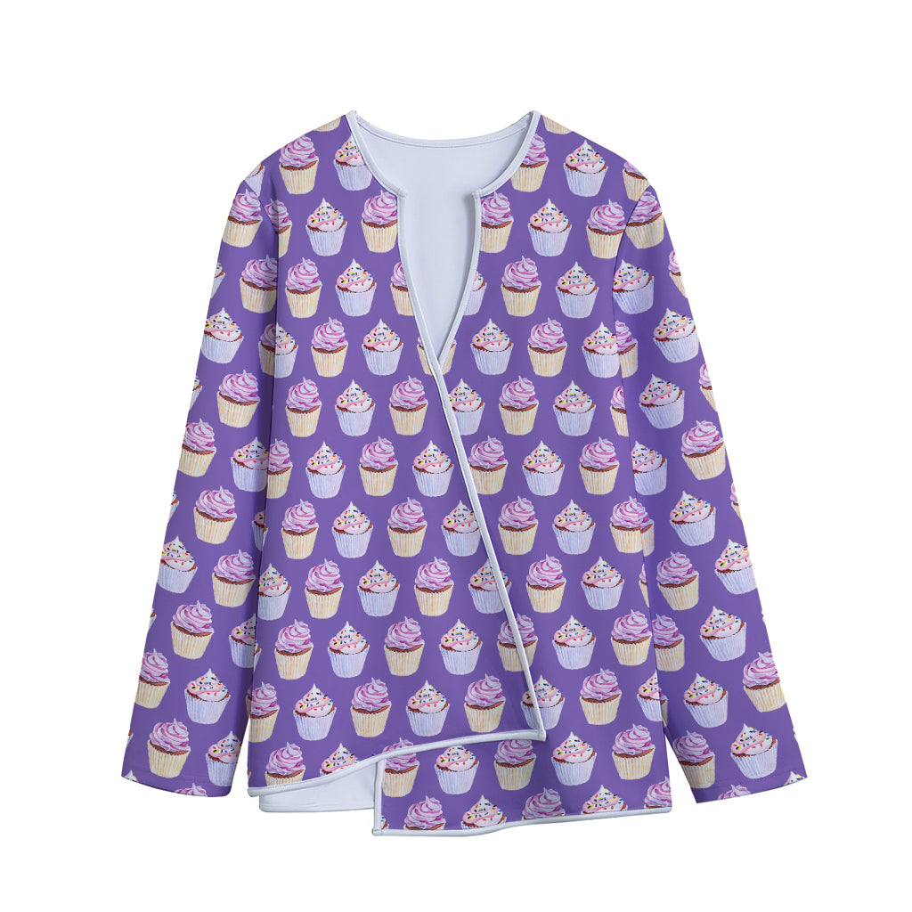 Purple Cupcake Pattern Print Long Sleeve Short Coat