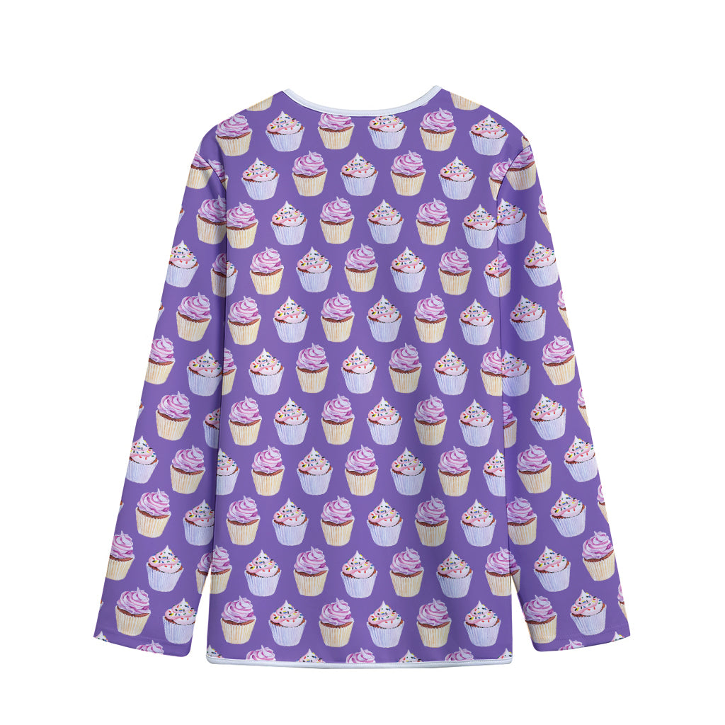 Purple Cupcake Pattern Print Long Sleeve Short Coat