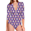 Purple Cupcake Pattern Print Long Sleeve Swimsuit