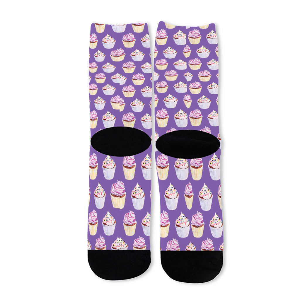 Purple Cupcake Pattern Print Long Socks