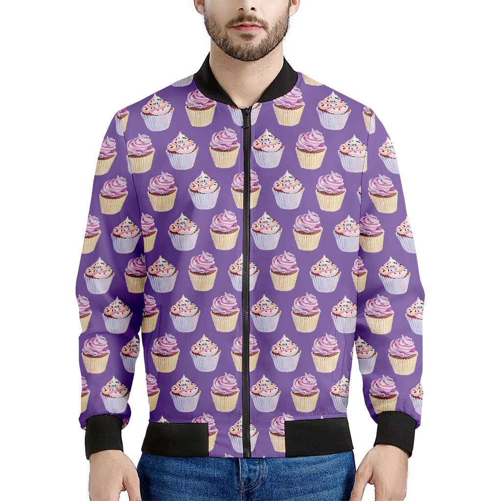 Purple Cupcake Pattern Print Men's Bomber Jacket