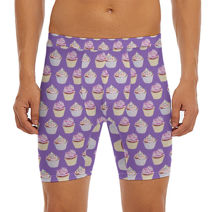 Purple Cupcake Pattern Print Men's Long Boxer Briefs