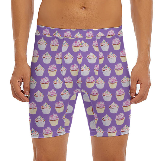 Purple Cupcake Pattern Print Men's Long Boxer Briefs