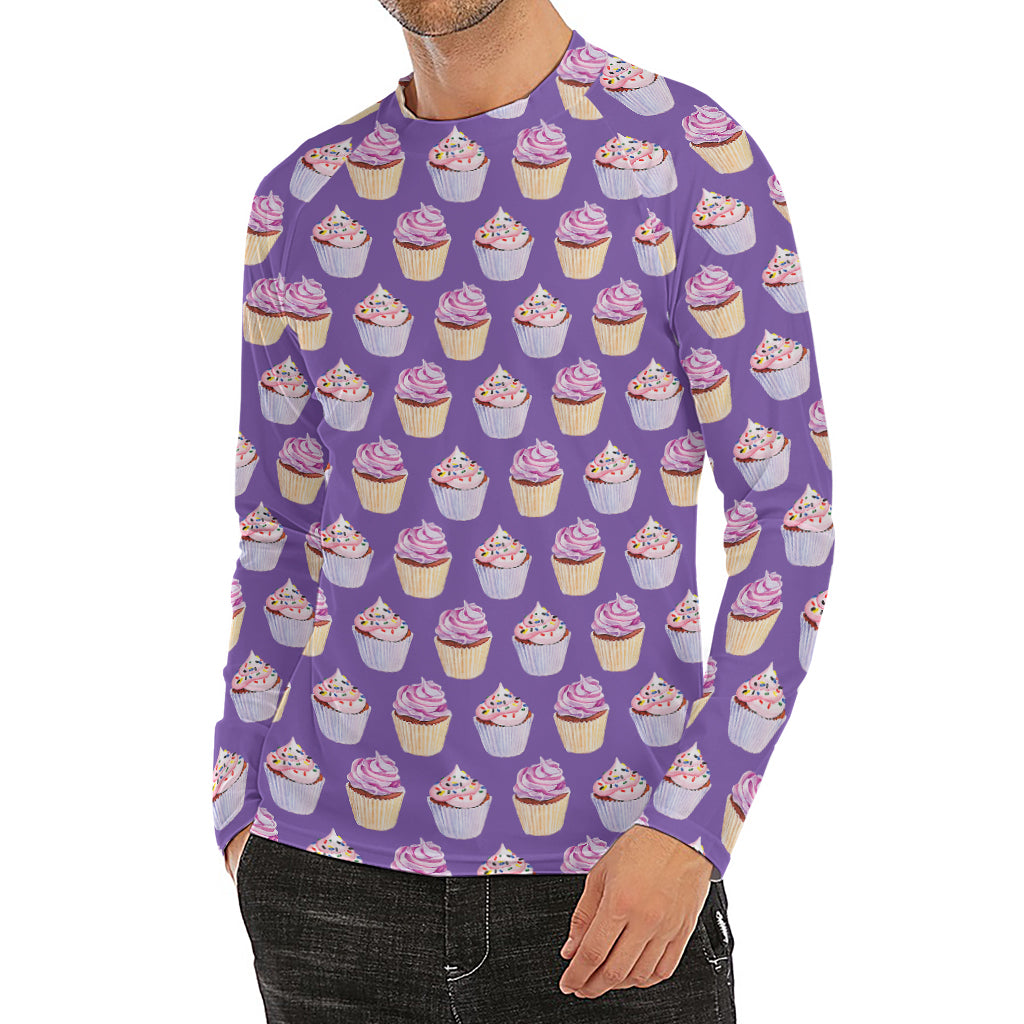 Purple Cupcake Pattern Print Men's Long Sleeve Rash Guard